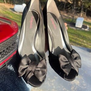 Nina Black Satin Peep-Toe Heels with Bow